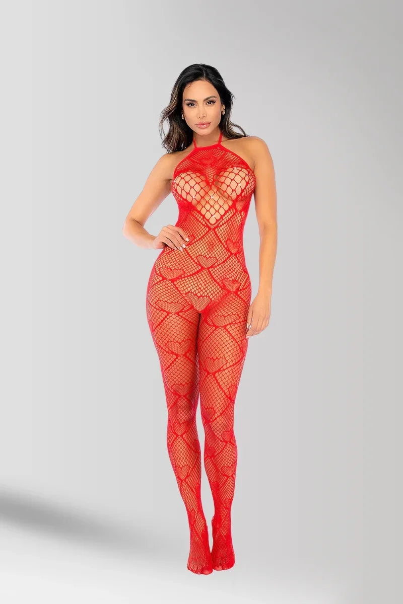 Combinaison résille rouge coeurs