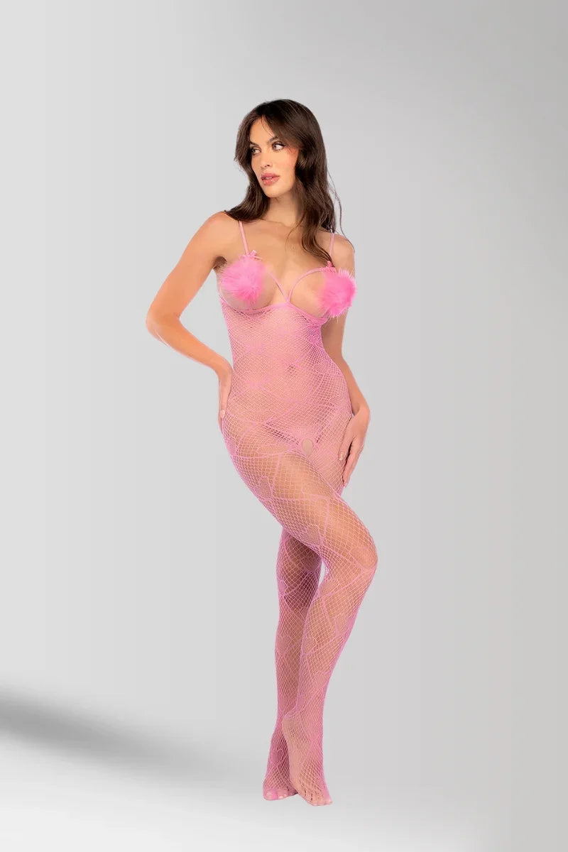 Combinaison résille rose & pompons