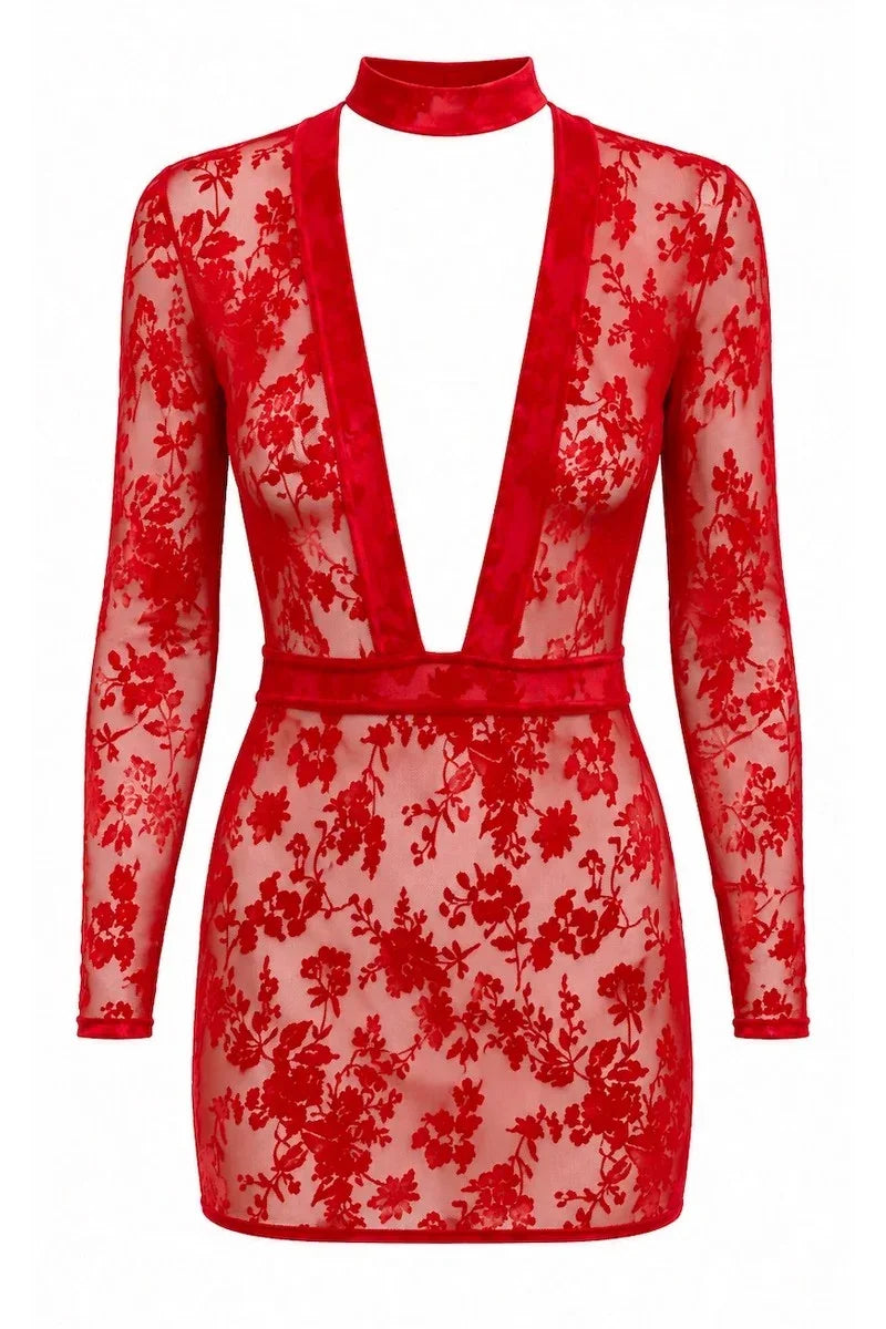Robe mini résille rouge F415