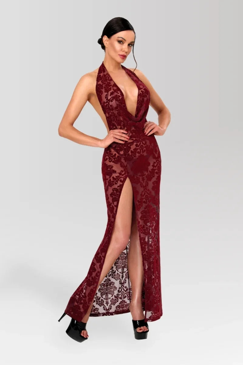 Robe longue résille bordeaux F424