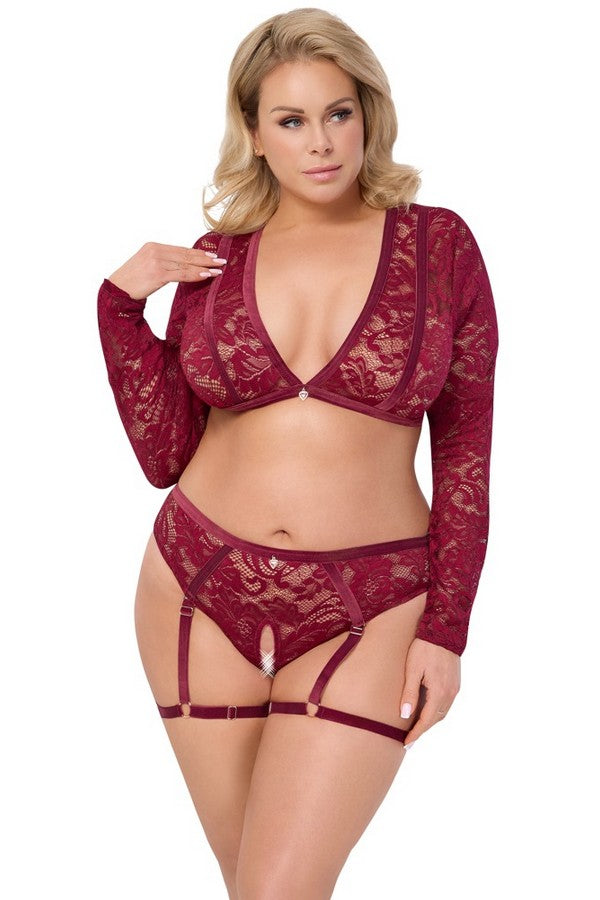 Ensemble ouvert dentelle bordeaux +