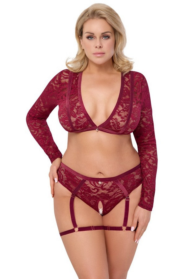 Ensemble ouvert dentelle bordeaux +