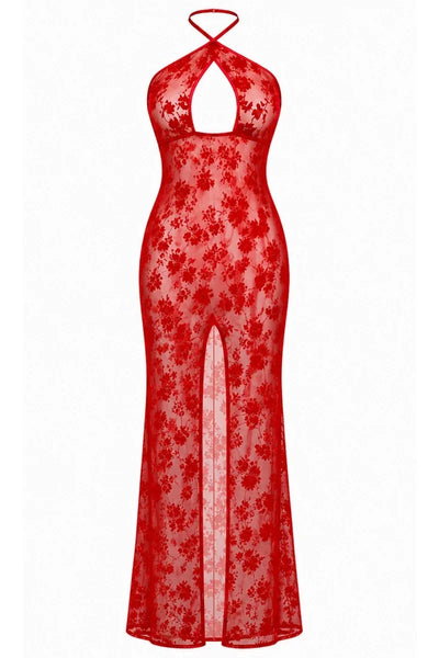 Robe longue résille rouge F418