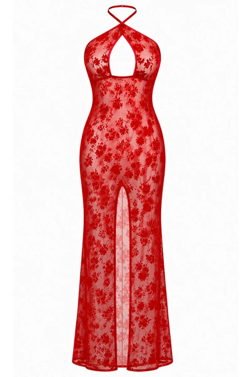 Robe longue résille rouge F418
