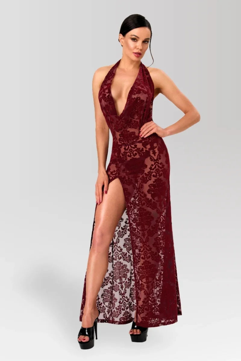 Robe longue résille bordeaux F424