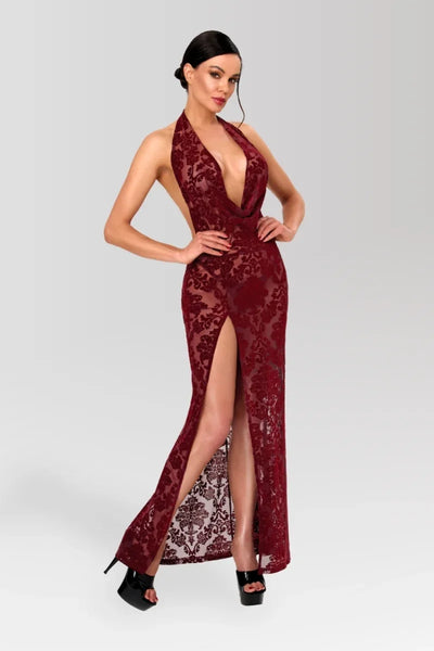 Robe longue résille bordeaux F424