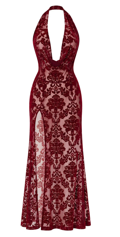 Robe longue résille bordeaux F424